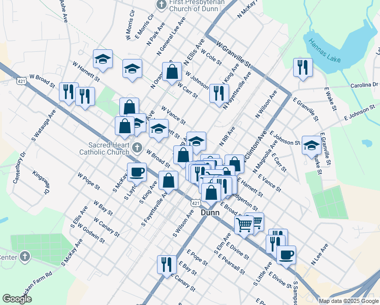 map of restaurants, bars, coffee shops, grocery stores, and more near 207 North Fayetteville Avenue in Dunn