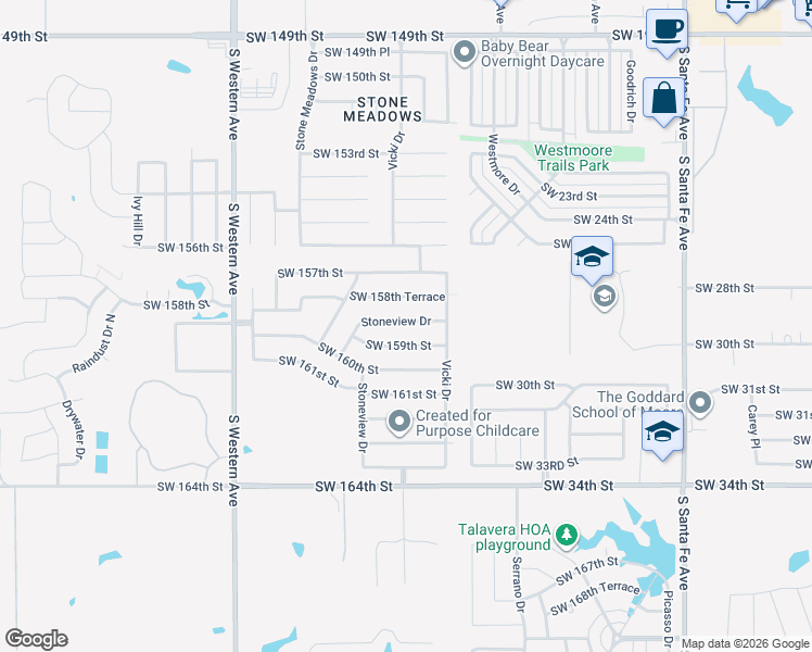 map of restaurants, bars, coffee shops, grocery stores, and more near 600 Southwest 159th Terrace in Oklahoma City