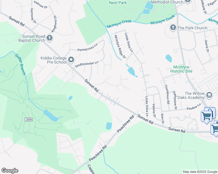 map of restaurants, bars, coffee shops, grocery stores, and more near 3001 Sunset Road in Charlotte