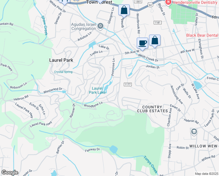 map of restaurants, bars, coffee shops, grocery stores, and more near 30 Lake Drive in Laurel Park