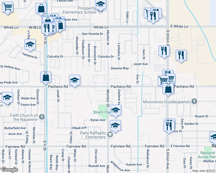 map of restaurants, bars, coffee shops, grocery stores, and more near Pacheco Road & Monitor Street in Bakersfield