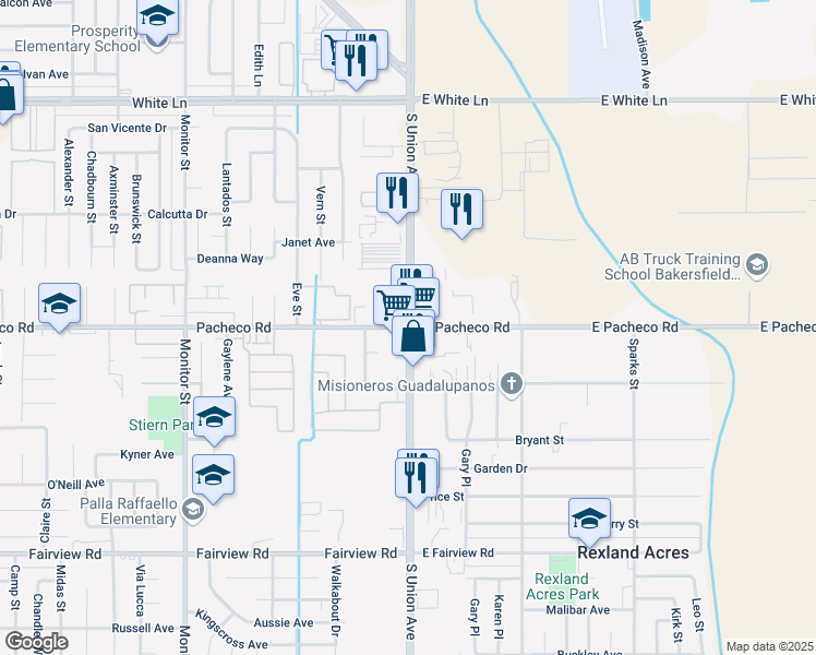 map of restaurants, bars, coffee shops, grocery stores, and more near S Union Ave & Pacheco Rd in Bakersfield