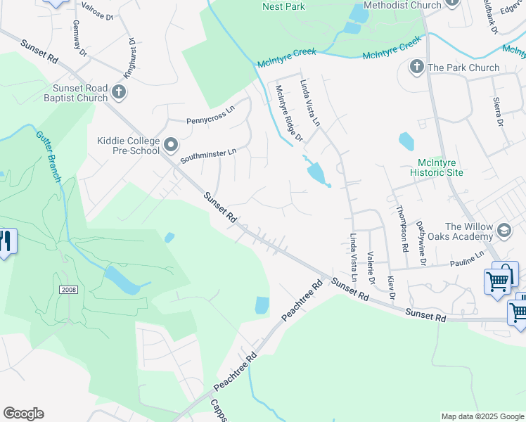 map of restaurants, bars, coffee shops, grocery stores, and more near 3001 Sunset Road in Charlotte