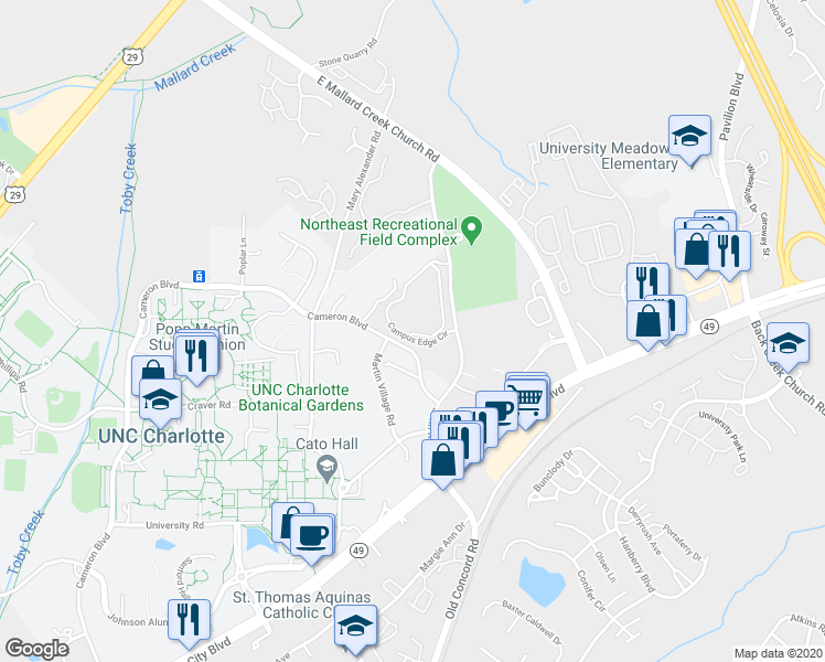 map of restaurants, bars, coffee shops, grocery stores, and more near 1358 Varsity Lane in Charlotte