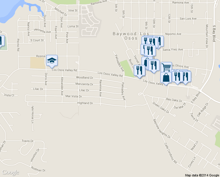 map of restaurants, bars, coffee shops, grocery stores, and more near 733 Manzanita Drive in Baywood-Los Osos