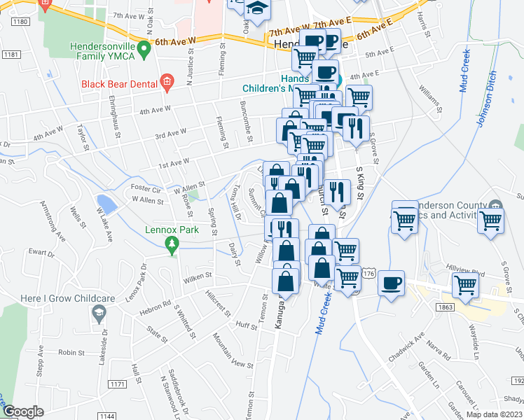 map of restaurants, bars, coffee shops, grocery stores, and more near 1 Summit Circle in Hendersonville