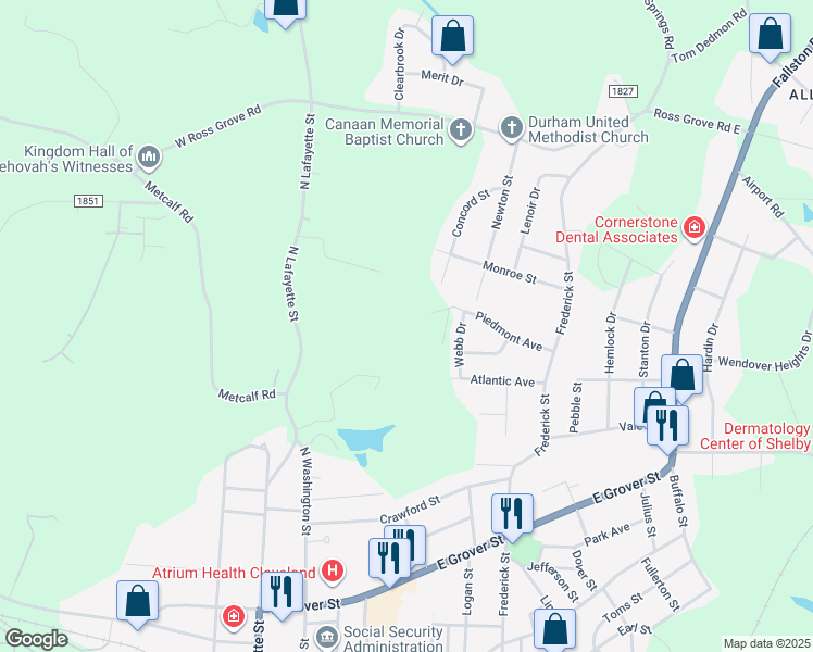map of restaurants, bars, coffee shops, grocery stores, and more near 1205 Northside Drive in Shelby