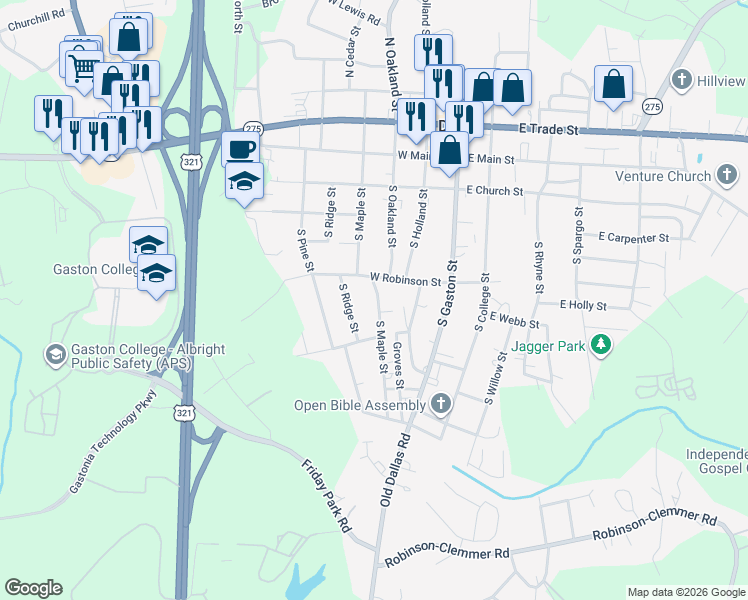 map of restaurants, bars, coffee shops, grocery stores, and more near 420 South Ridge Street in Dallas