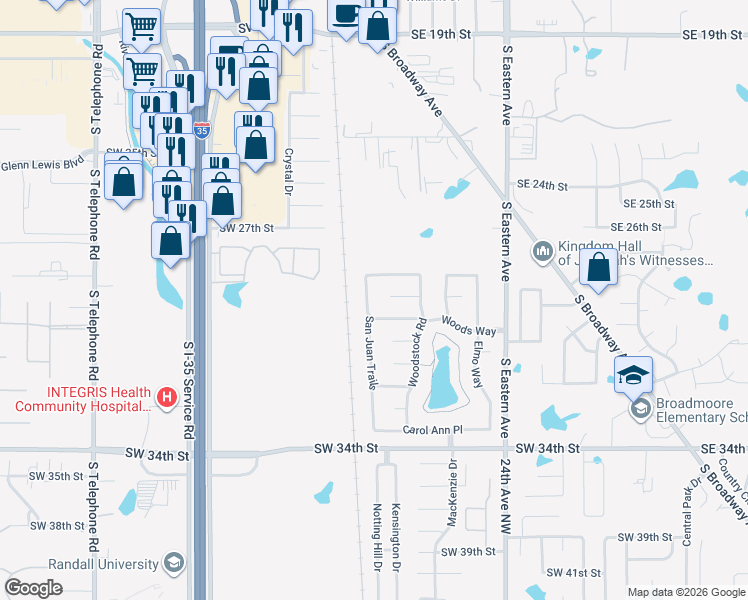 map of restaurants, bars, coffee shops, grocery stores, and more near 3000 San Juan Trails in Moore