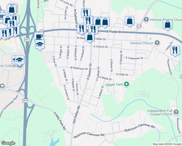 map of restaurants, bars, coffee shops, grocery stores, and more near 107 East Robinson Street in Dallas