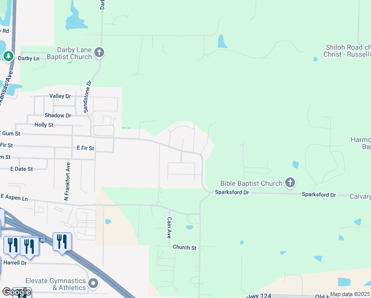 map of restaurants, bars, coffee shops, grocery stores, and more near 1156 East Gum Street in Russellville