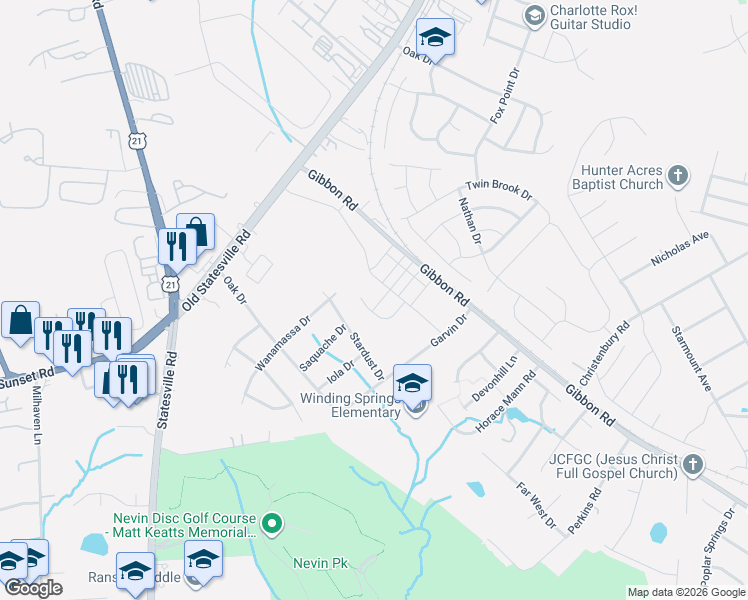 map of restaurants, bars, coffee shops, grocery stores, and more near 4416 Stardust Drive in Charlotte