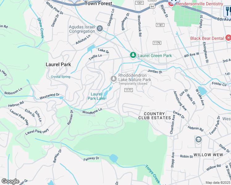 map of restaurants, bars, coffee shops, grocery stores, and more near 11 Lake Drive in Laurel Park