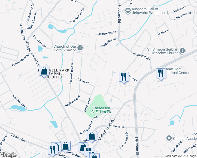 map of restaurants, bars, coffee shops, grocery stores, and more near 6440 Carver Boulevard in Charlotte