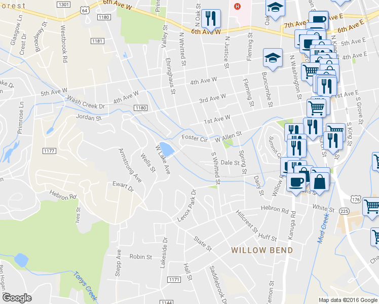map of restaurants, bars, coffee shops, grocery stores, and more near 954 West Allen Street in Hendersonville