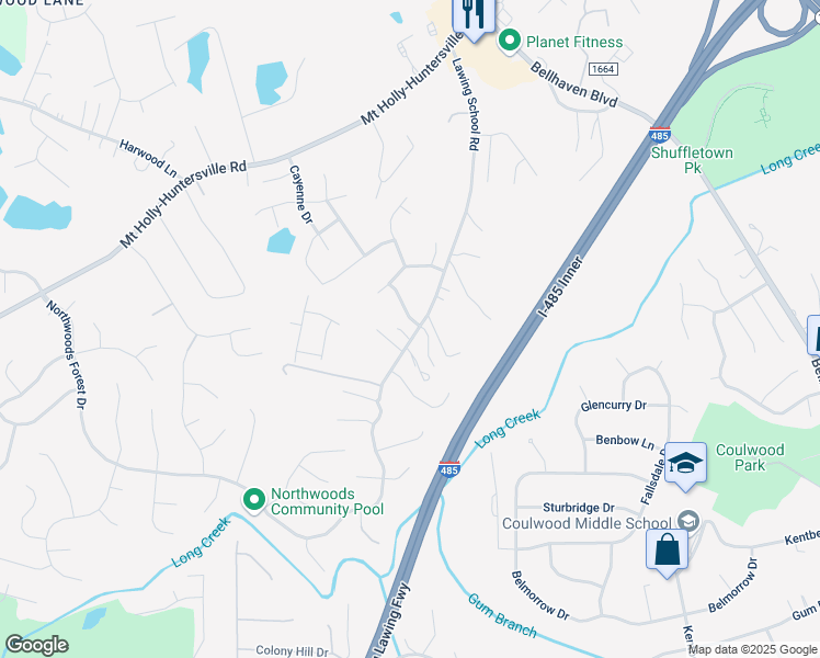 map of restaurants, bars, coffee shops, grocery stores, and more near 1701 Emily Hope Drive in Charlotte