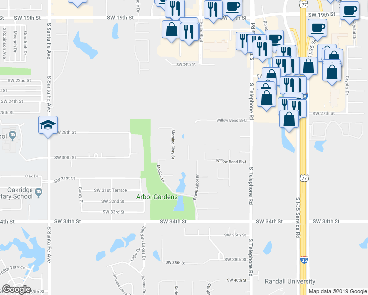 map of restaurants, bars, coffee shops, grocery stores, and more near 3005 Dogwood Court in Moore