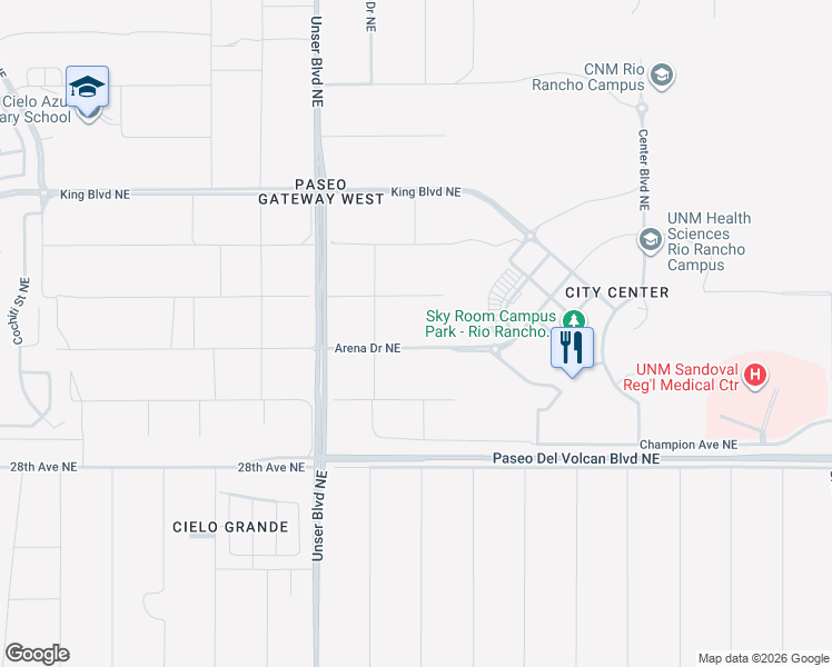 map of restaurants, bars, coffee shops, grocery stores, and more near 2122 Arena Drive Northeast in Rio Rancho