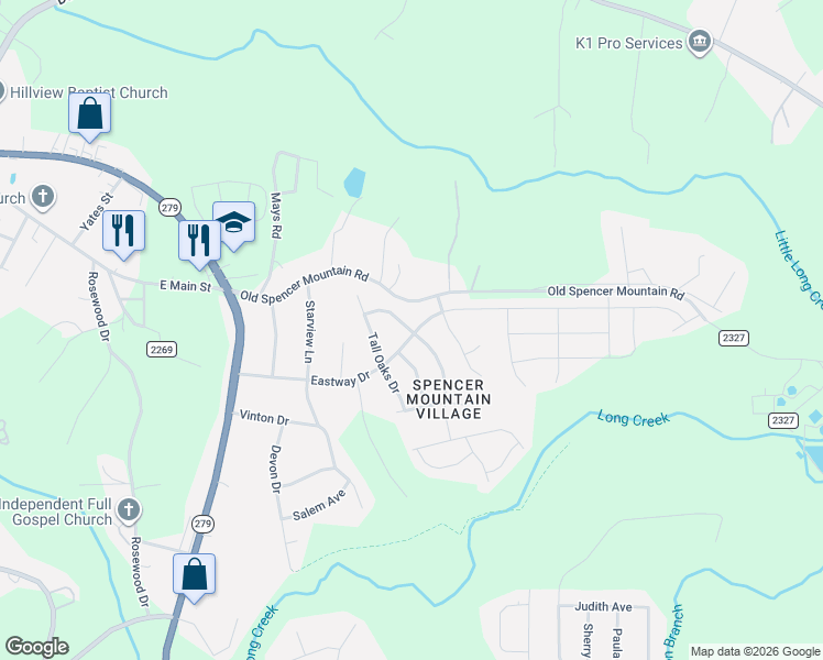 map of restaurants, bars, coffee shops, grocery stores, and more near 2896 Village Center Drive in Dallas