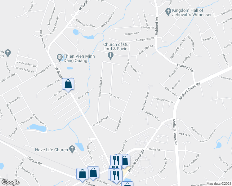 map of restaurants, bars, coffee shops, grocery stores, and more near 3250 Carver Place in Charlotte