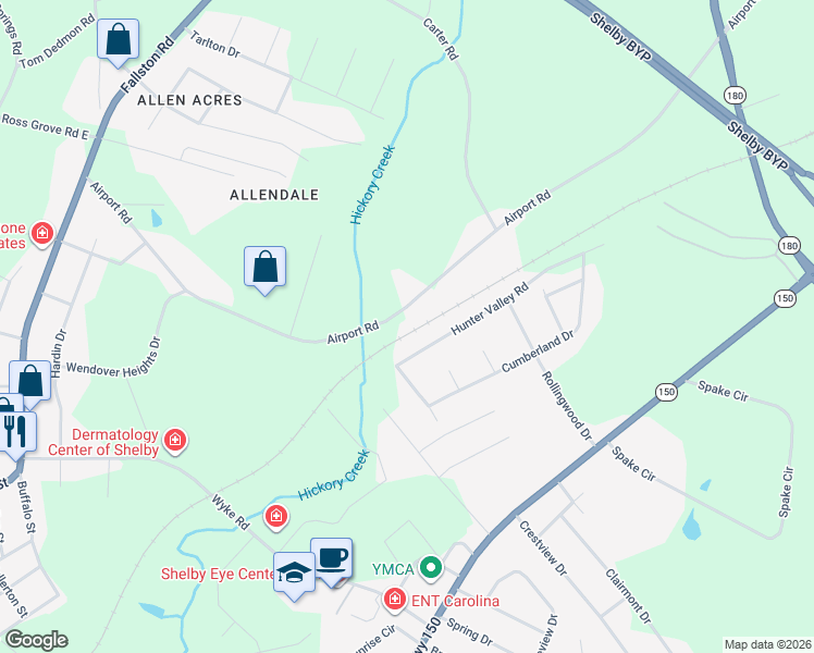 map of restaurants, bars, coffee shops, grocery stores, and more near 1136 Airport Road in Shelby