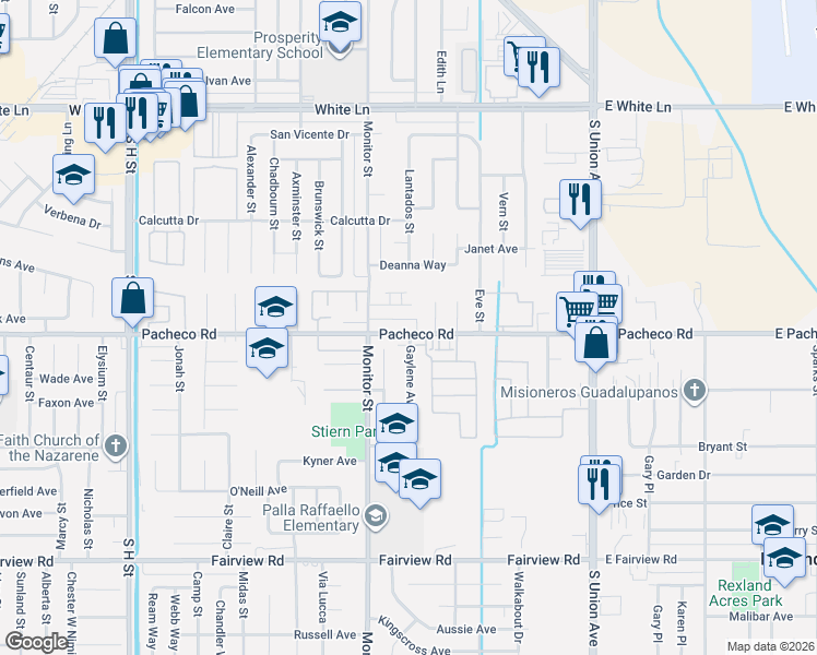 map of restaurants, bars, coffee shops, grocery stores, and more near 808 Pacheco Road in Bakersfield