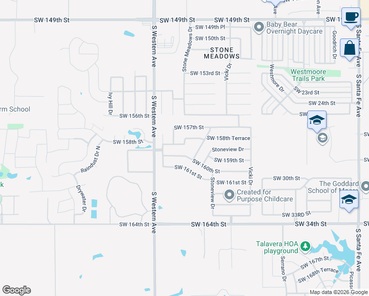 map of restaurants, bars, coffee shops, grocery stores, and more near 705 Southwest 160th Street in Oklahoma City
