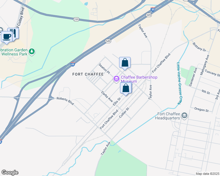map of restaurants, bars, coffee shops, grocery stores, and more near Darby Avenue in Fort Smith
