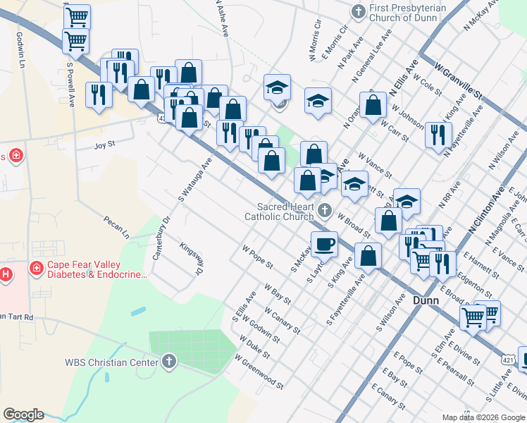map of restaurants, bars, coffee shops, grocery stores, and more near 301 South General Lee Avenue in Dunn