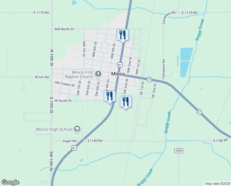 map of restaurants, bars, coffee shops, grocery stores, and more near in Minco
