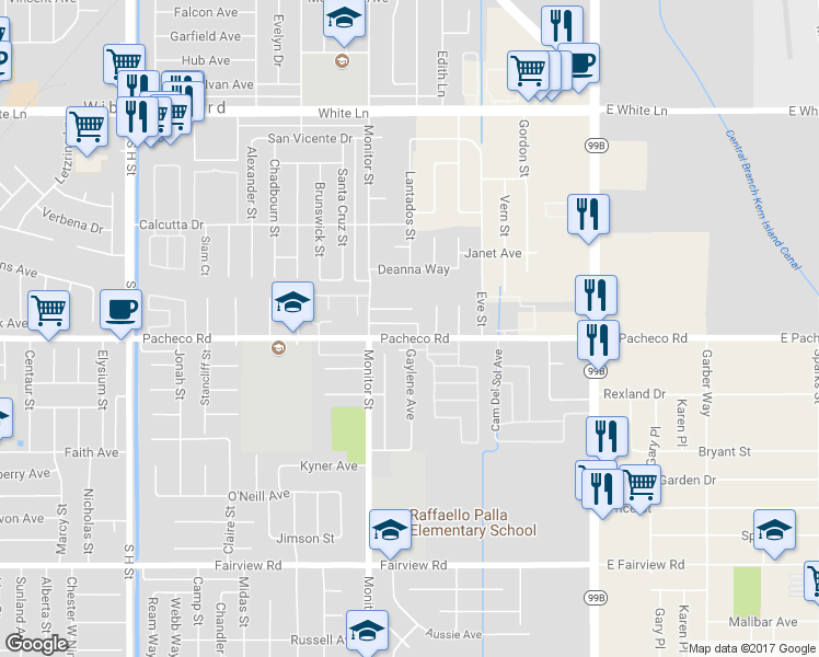 map of restaurants, bars, coffee shops, grocery stores, and more near 705 Pacheco Road in Bakersfield