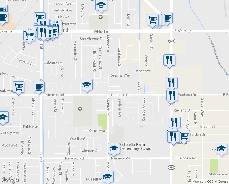 map of restaurants, bars, coffee shops, grocery stores, and more near in Bakersfield