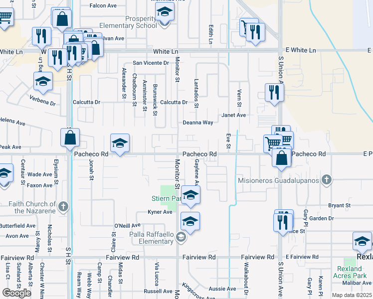 map of restaurants, bars, coffee shops, grocery stores, and more near in Bakersfield