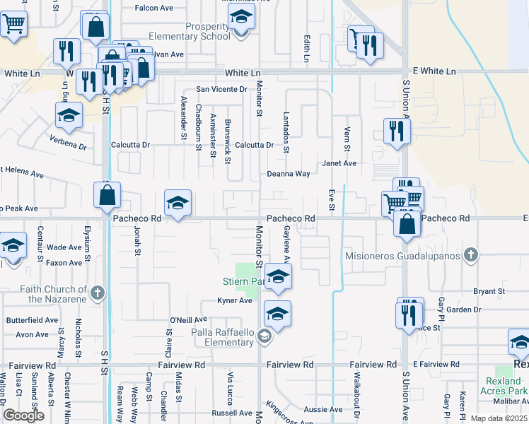 map of restaurants, bars, coffee shops, grocery stores, and more near in Bakersfield
