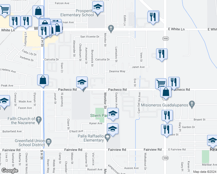 map of restaurants, bars, coffee shops, grocery stores, and more near 904 Pacheco Road in Bakersfield