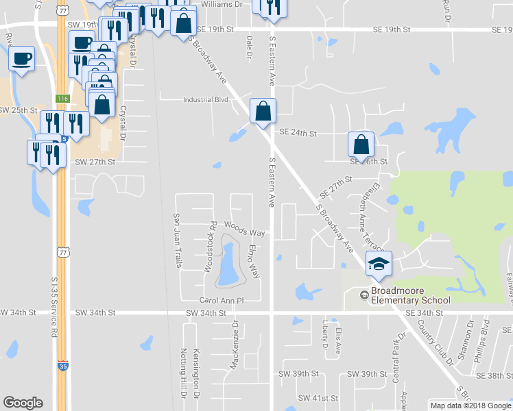 map of restaurants, bars, coffee shops, grocery stores, and more near 2916 Elmo Way in Moore