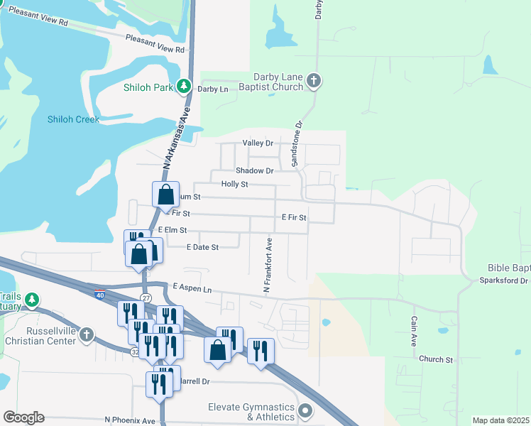 map of restaurants, bars, coffee shops, grocery stores, and more near 501 East Gum Street in Russellville