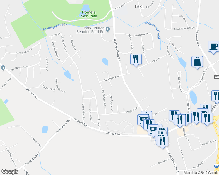 map of restaurants, bars, coffee shops, grocery stores, and more near 5707 Hornet Drive in Charlotte