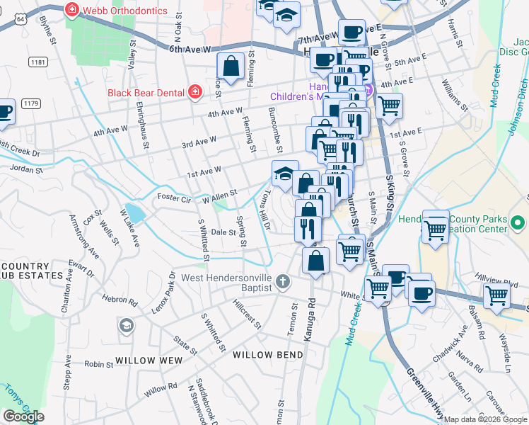 map of restaurants, bars, coffee shops, grocery stores, and more near 21 North Cottage Court in Hendersonville