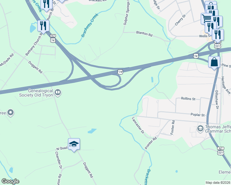 map of restaurants, bars, coffee shops, grocery stores, and more near U.S. 74 in Forest City