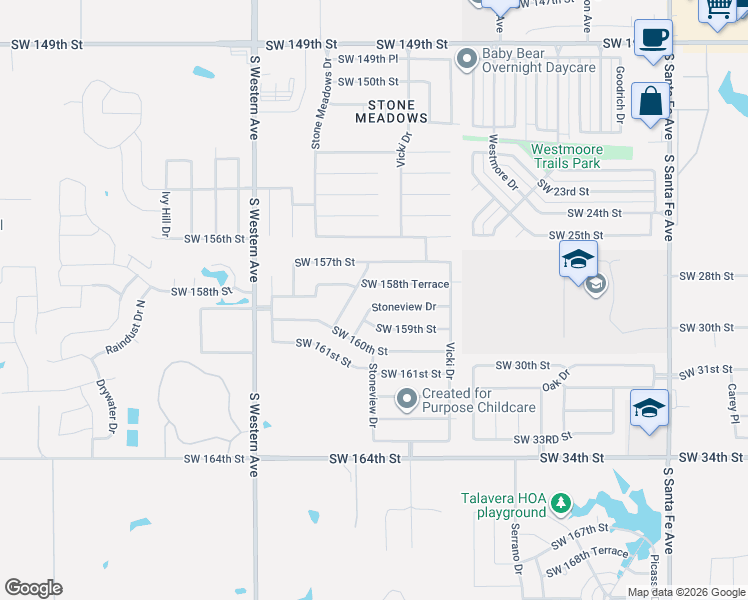 map of restaurants, bars, coffee shops, grocery stores, and more near 15813 Stone Meadows Drive in Oklahoma City
