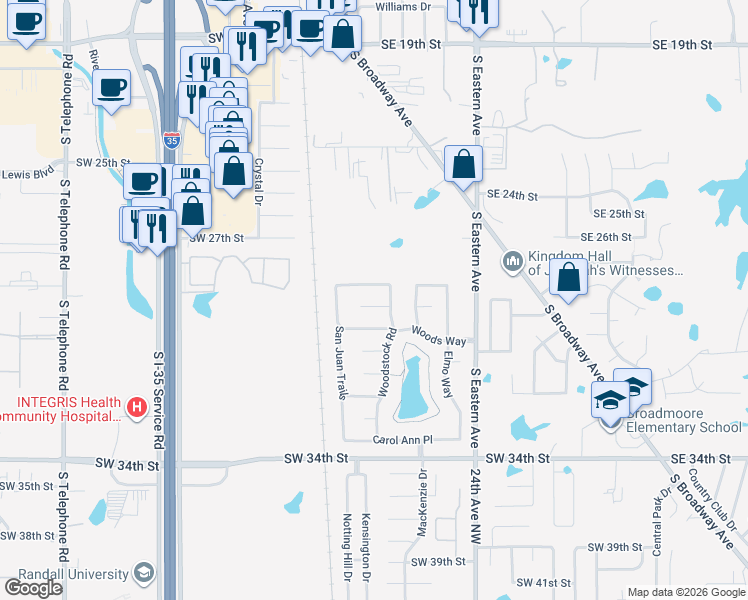 map of restaurants, bars, coffee shops, grocery stores, and more near 601 Southwest 28th Street in Moore