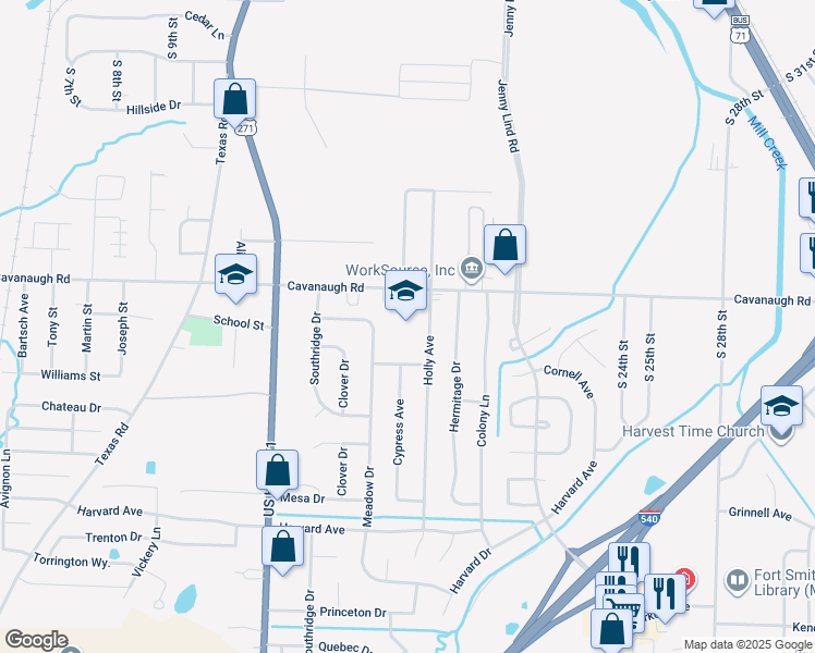 map of restaurants, bars, coffee shops, grocery stores, and more near 1600 Cavanaugh Road in Fort Smith