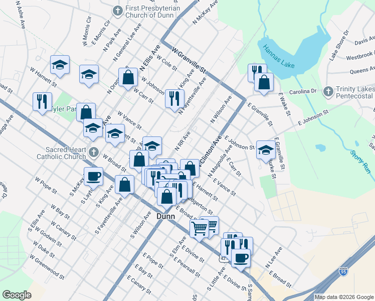 map of restaurants, bars, coffee shops, grocery stores, and more near 101 East Cleveland Street in Dunn