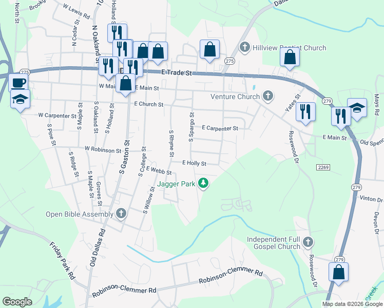 map of restaurants, bars, coffee shops, grocery stores, and more near 501 East Peachtree Street in Dallas