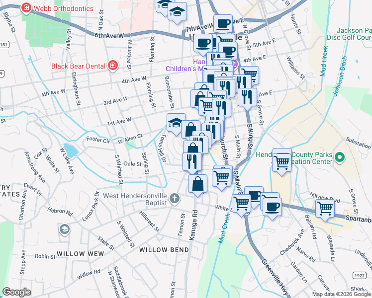 map of restaurants, bars, coffee shops, grocery stores, and more near 1 Summit Circle in Hendersonville