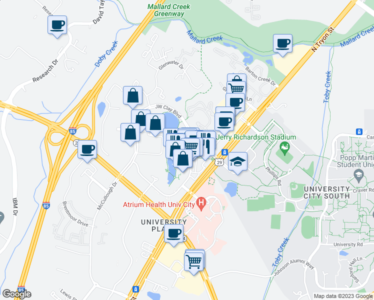 map of restaurants, bars, coffee shops, grocery stores, and more near 9011 J M Keynes Drive in Charlotte