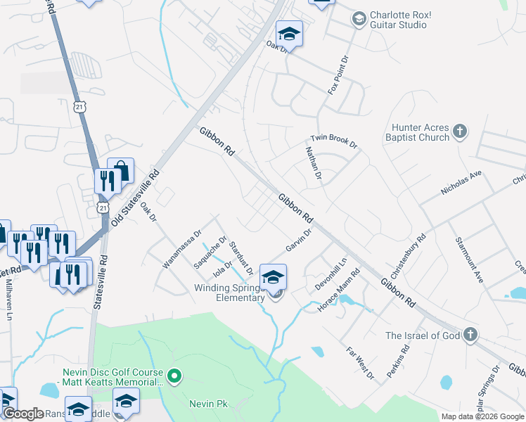 map of restaurants, bars, coffee shops, grocery stores, and more near 4411 Gibbon Road in Charlotte