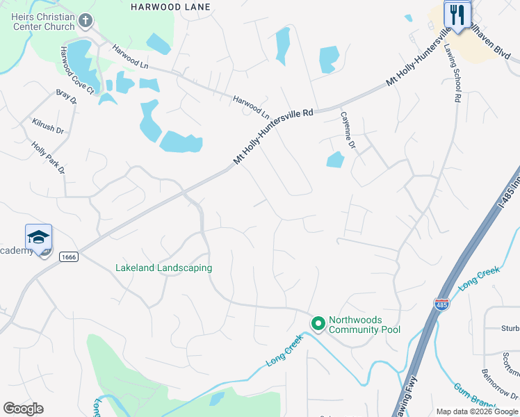 map of restaurants, bars, coffee shops, grocery stores, and more near 1900 Mount Holly-Huntersville Road in Charlotte