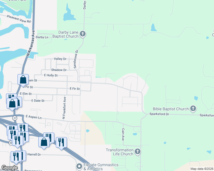 map of restaurants, bars, coffee shops, grocery stores, and more near 1000 East Gum Street in Russellville